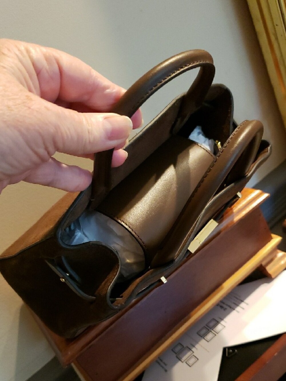 DeMellier Mocha Suede Top-Handle Satchel Small Hudson - Picture 6 of 9